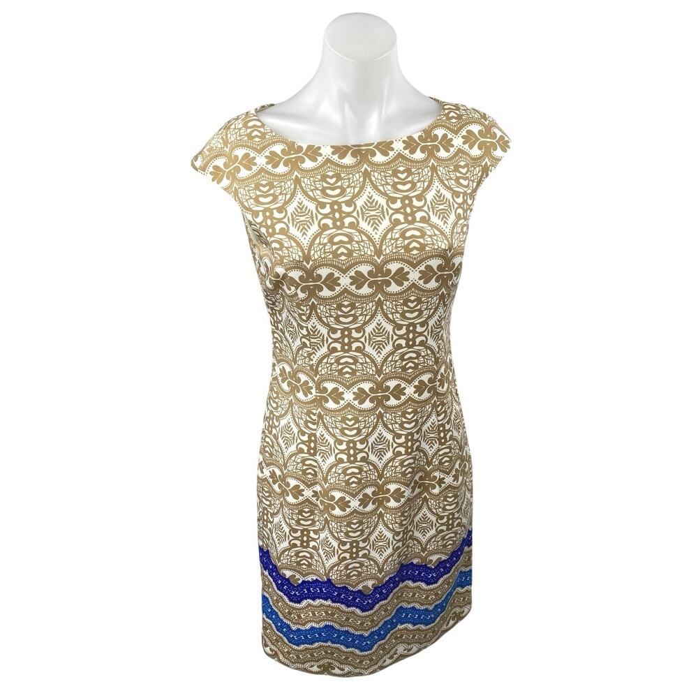 Maggy London Gold White Damask Cap Sleeve Boat Neck Mini Sheath Dress Size S